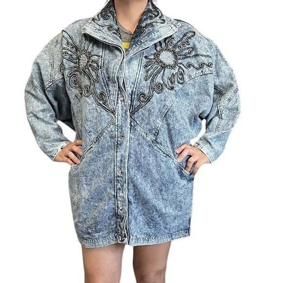 Vtg 80s Acid Washed Embellished Large Jean Jacket Streetwear Fly Oversize USA - Picture 1 of 16